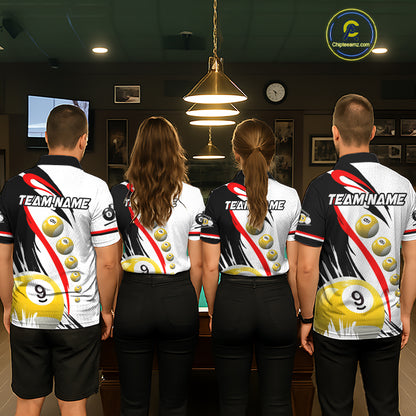 Back view of pool team wearing matching red 8 ball and 9 ball billiard shirts.