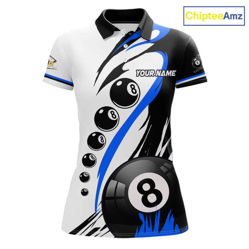 Personalized blue 8 ball and 9 ball custom billiard polo shirt for women, billiard team jersey.