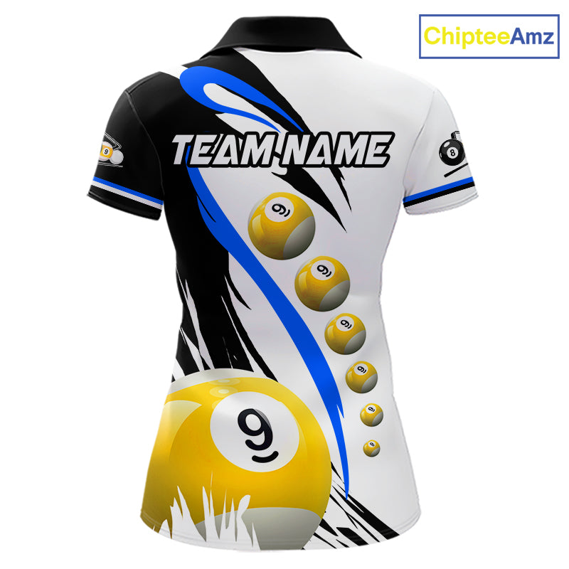 Blue 8 ball and 9 ball pool team polo shirt for women with custom billiard graphics.