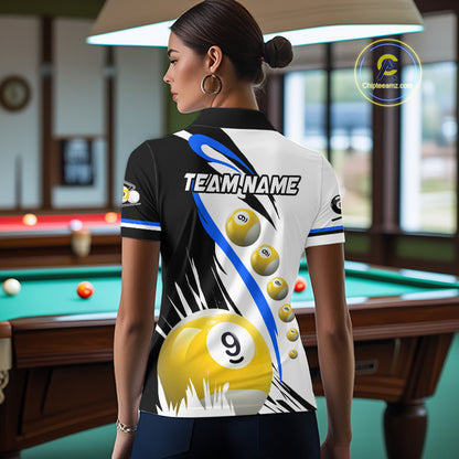 Back view of woman wearing a blue 8 ball and 9 ball pool jersey.