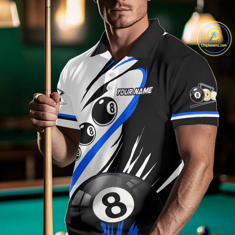 Man wearing a blue 8 ball and 9 ball billiard jersey front view.