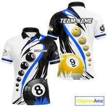 Load image into Gallery viewer, Personalized blue 8 ball and 9 ball custom billiard polo shirt for men, billiard team jersey.