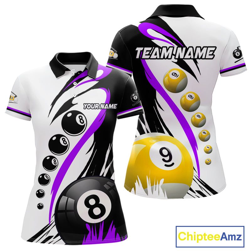 Personalized purple 8 ball and 9 ball custom billiard polo shirt for women, billiard team jersey.