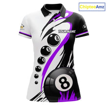 Load image into Gallery viewer, Personalized purple 8 ball and 9 ball custom billiard polo shirt for women, billiard team jersey.
