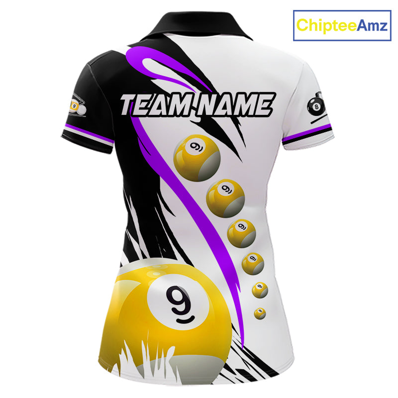 Purple 8 ball and 9 ball pool team polo shirt for women with custom billiard graphics.