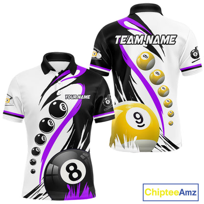 Personalized purple 8 ball and 9 ball custom billiard polo shirt for men, billiard team jersey.