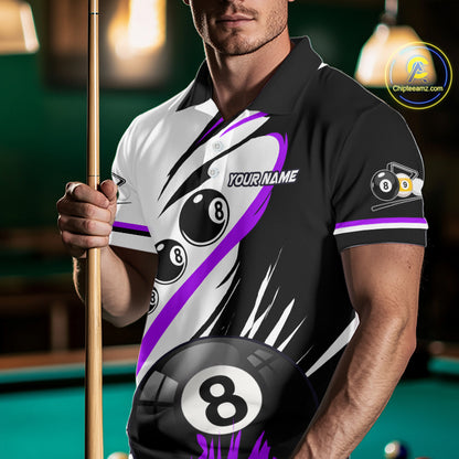 Man wearing a purple 8 ball and 9 ball billiard jersey front view.