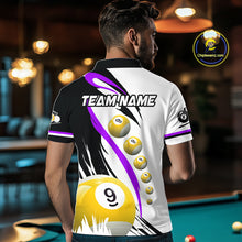 Load image into Gallery viewer, Back view of man wearing a purple 8 ball and 9 ball pool jersey.