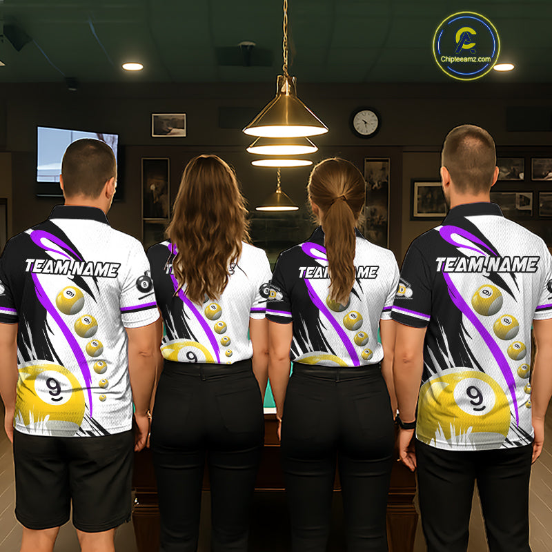 Back view of pool team wearing matching purple 8 ball and 9 ball billiard shirts.