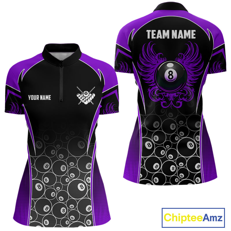Personalized Black and Purple 8 Ball Wings Quarter Zip Billiard Shirt for Women Created for Competitive Pool League Teams with Performance Fabric and Tournament Ready Team Design