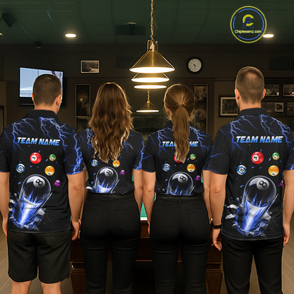 Pool Team Wearing Personalized Blue Lightning Strike 8 Ball Custom Billiard Team Jerseys Featuring the Complete Back Artwork, Back View