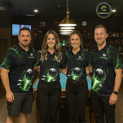 Pool Team Wearing Custom Green Lightning Strike 8 Ball Billiard Jerseys During League Competition and Tournament Matches, Front View