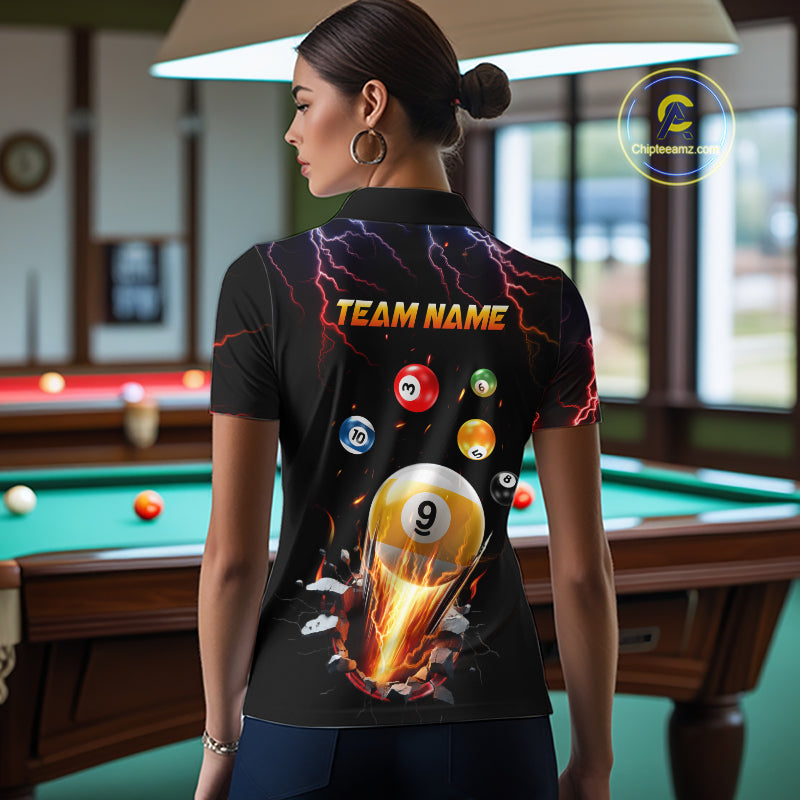 Woman Wearing Custom Thunder Lightning Strike 9 Ball Pool Billiard League Team Jersey Featuring the Complete Rear Graphic Design, Back View