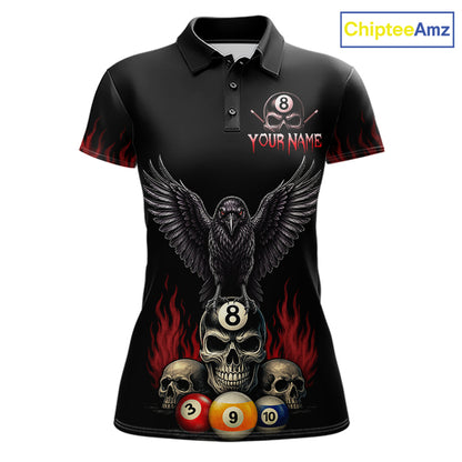 Personalized Raven 8 Ball Pool Skull Billiard Polo Shirt for Women Featuring a Dark Halloween Raven Design with Skull Artwork for Pool League Players, Team Competition, and Tournament Events