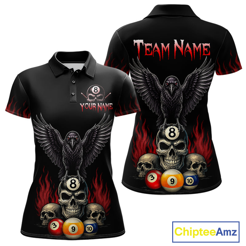 Custom Raven 8 Ball Pool Skull Polo Shirt for Women Designed for Personalized Billiard Team Jerseys with Premium Athletic Performance, Bold Halloween Graphics, and League Ready Style