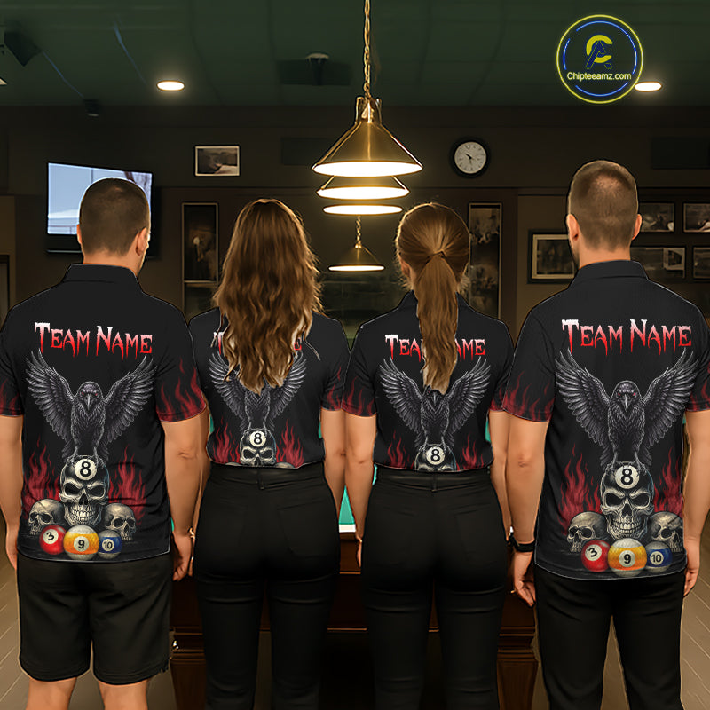 Pool Team Wearing Personalized Raven 8 Ball Pool Skull Custom Billiard Team Jerseys Featuring the Complete Back Artwork, Back View