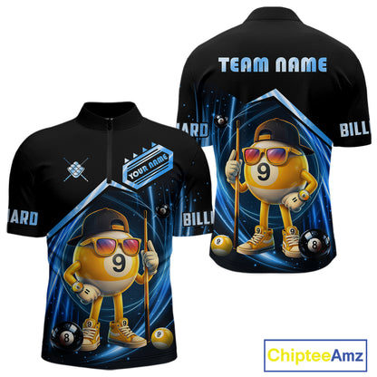 Blue Funny 9 Ball Billiard Shirt For Men Custom Pool Team Shirt, Billiard Jersey Polo & 1/4 Zip TDM5834