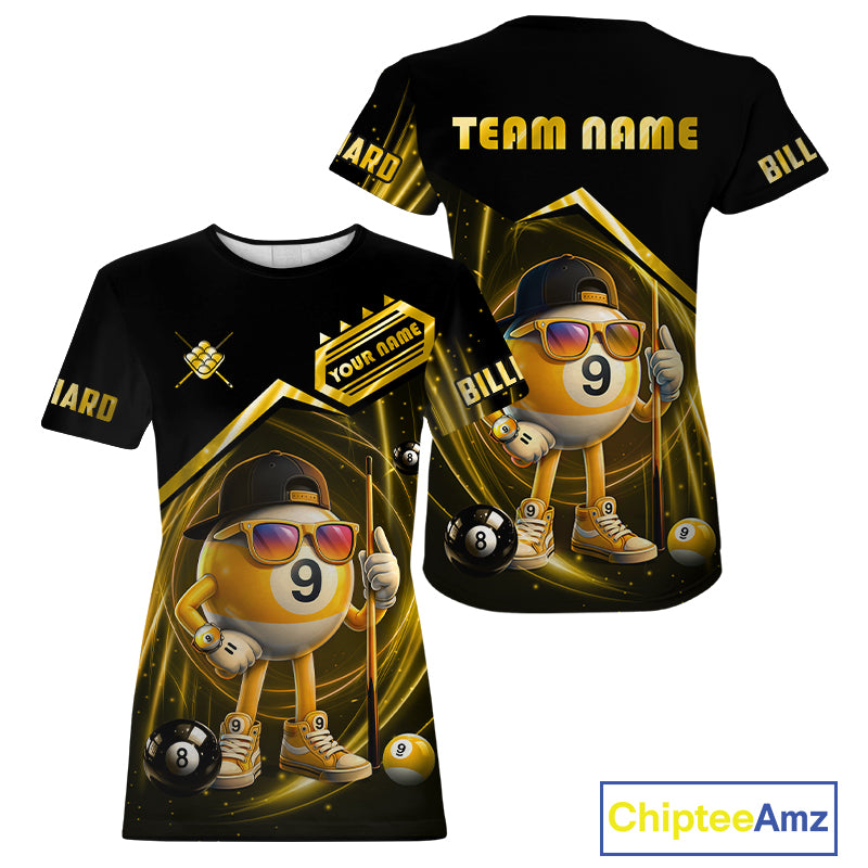 Yellow Funny 9 Ball Billiard T-Shirt For Women Custom Pool Team Shirt, Billiard League Jersey TDM5835