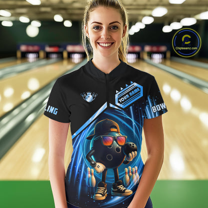 Blue Funny Bowling Ball Shirt For Women Custom Bowling Jersey, Bowling Team Shirt Polo & Quarter Zip TDM5836