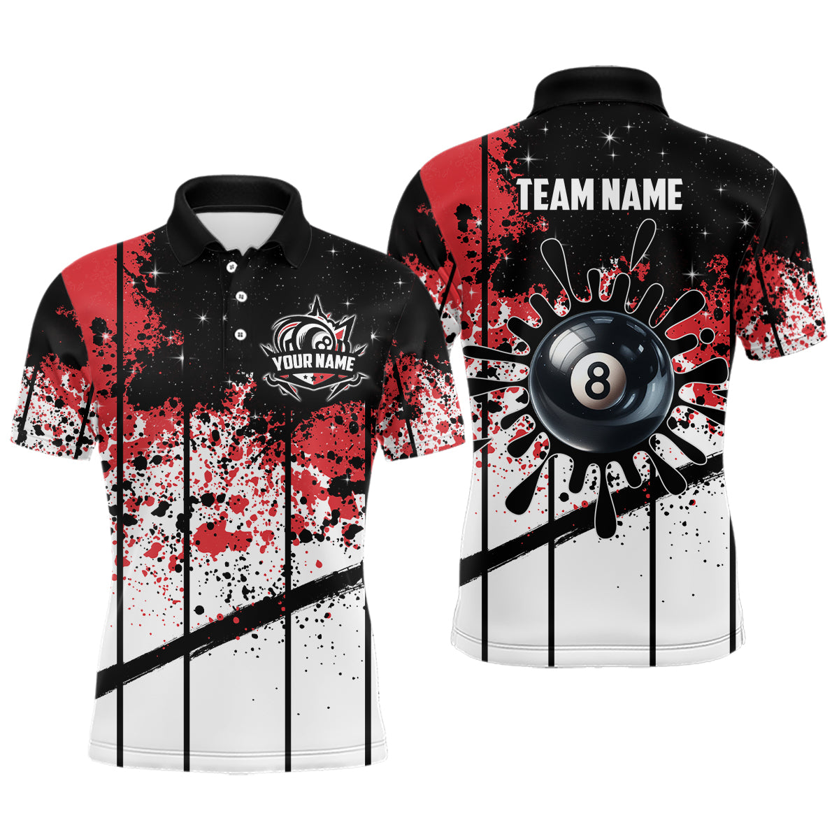 Personalized Billiard 8 Ball Grunge Style Men Polo Shirts, 8 Ball Pool Billiard Attire Jerseys  TDM1158