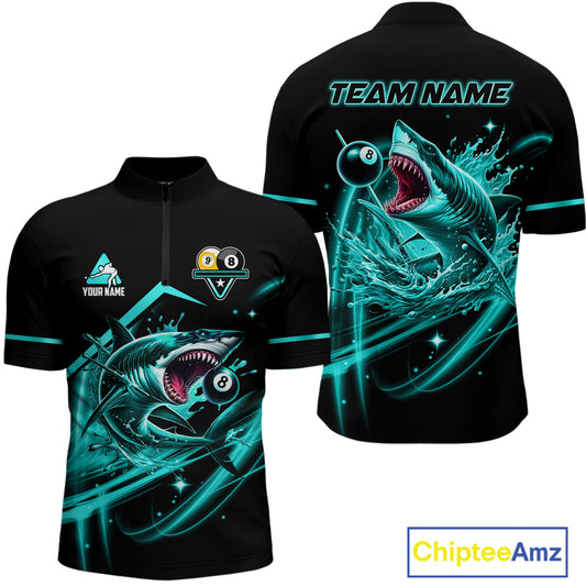 Turquoise 8 Ball & 9 Ball Pool Billiard Shark Polo & 1/4 Zip For Men Custom Team Billiard Jerseys TDM4089