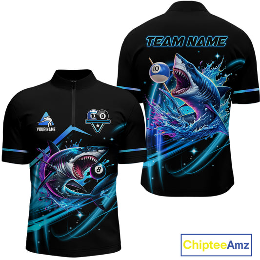 Blue 8 Ball & 10 Ball Pool Billiard Shark Polo & Quarter Zip For Men Custom Team Billiard Jerseys TDM4090