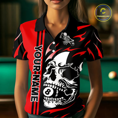 Personalized Red 8 Ball Skull Billiard Shirt For Women Custom Pool Team Jersey, Billiard Outfit TDM4459