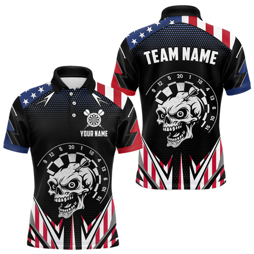 Personalized Patriotic Skull Darts Shirt For Men Custom American Flag Darts Jersey Polo & 1/4 Zip TDM4463