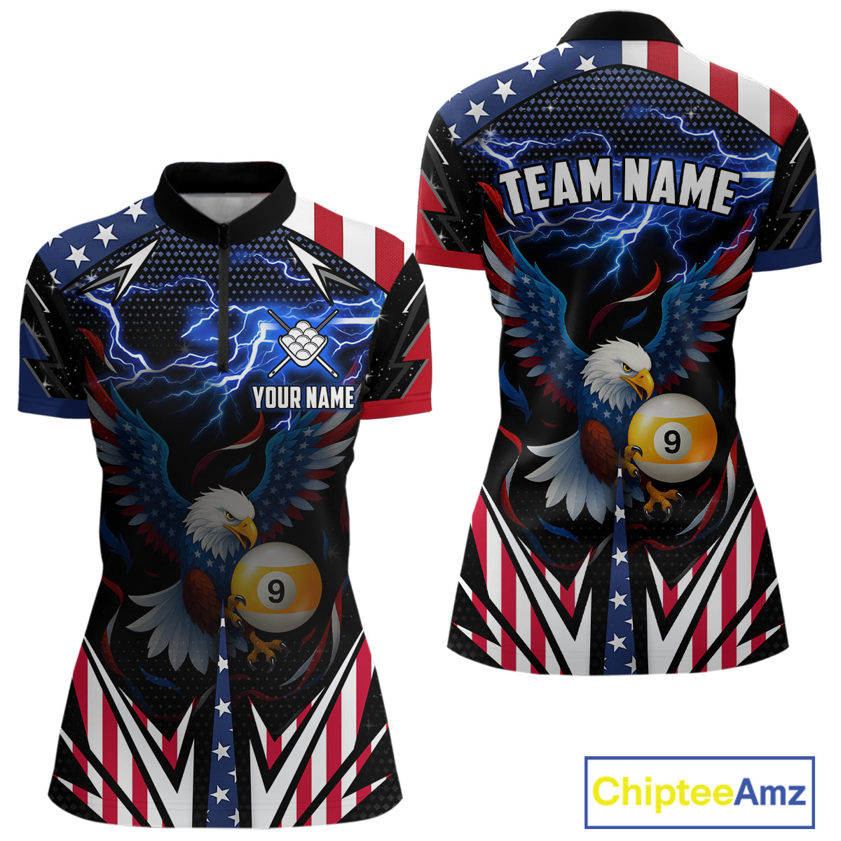 American Flag Eagle 9 Ball Pool Lightning Billiard Shirt For Women Custom Patriotic Billiard Jersey TDM4705