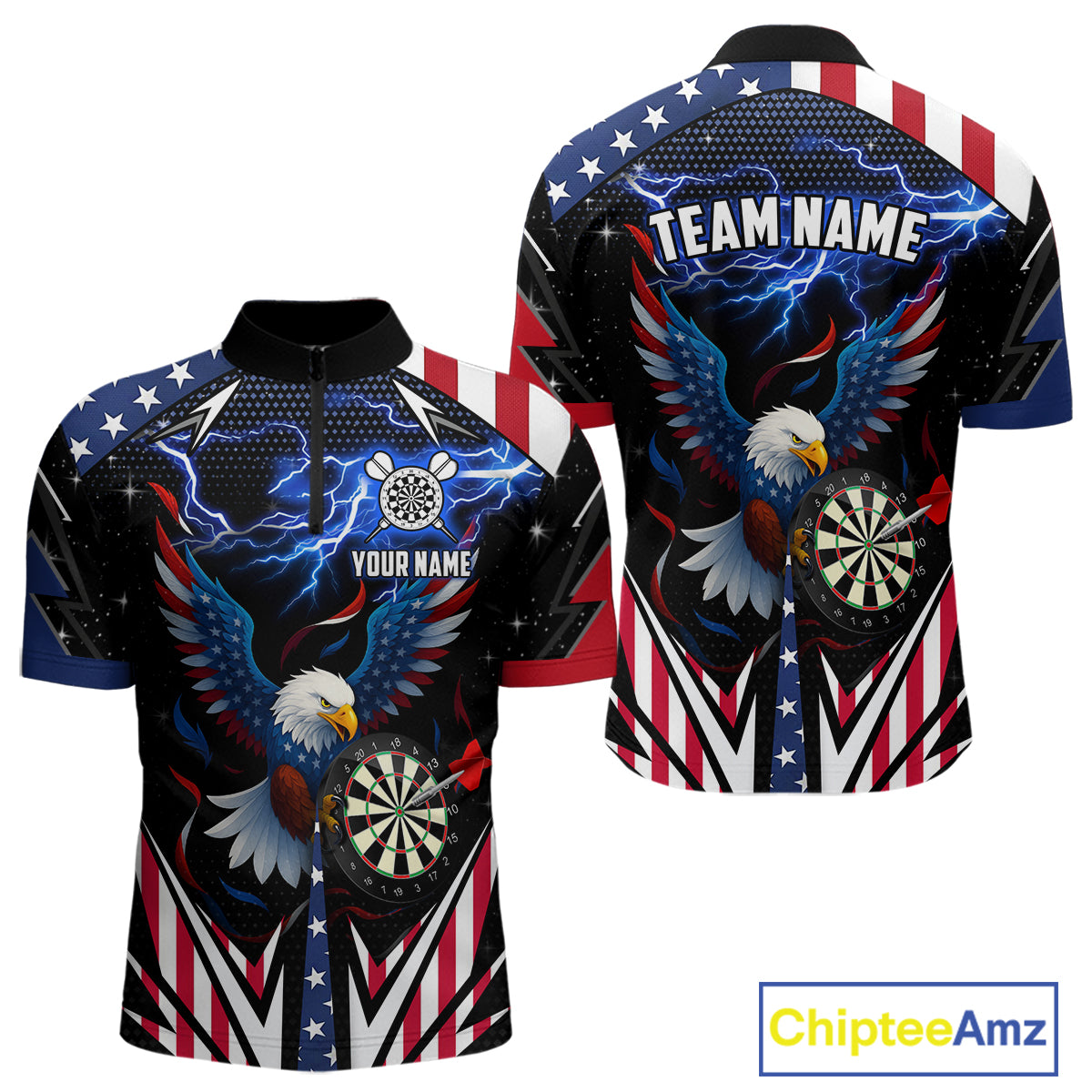 Custom American Flag Eagle Lightning Darts Shirt For Men, Patriotic Darts Jersey Polo & 1/4 Zip TDM4706