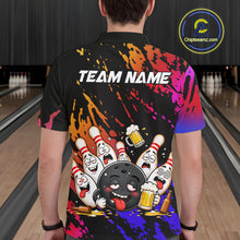 Load image into Gallery viewer, Man wearing blue and red drunk bowling balls and pins bowling polo shirt back view.
