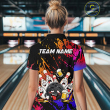 Load image into Gallery viewer, Woman wearing blue and red drunk bowling balls and pins bowling polo shirt back view.