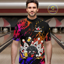 Load image into Gallery viewer, Man wearing blue and red drunk bowling balls and pins bowling quarter zip shirt front view.