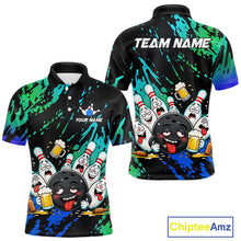 Load image into Gallery viewer, Blue and turquoise drunk bowling balls bowling team polo shirt for men.