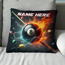 Load image into Gallery viewer, 8 Ball Pool In Water And Fire Throw Pillow, Personalized Billiard Pillow TDM0840