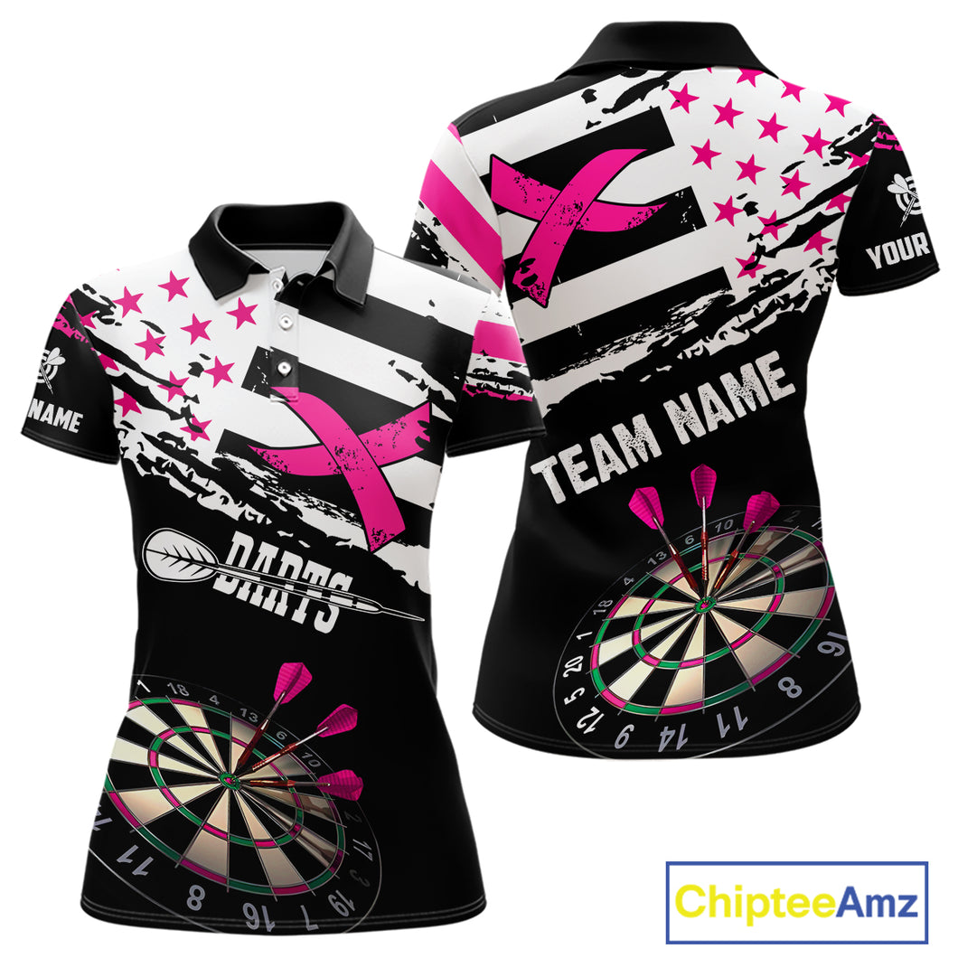Personalized US Flag Pink Ribbon Darts Shirt For Women Custom Breast Cancer Awareness Darts Jersey TDM4493