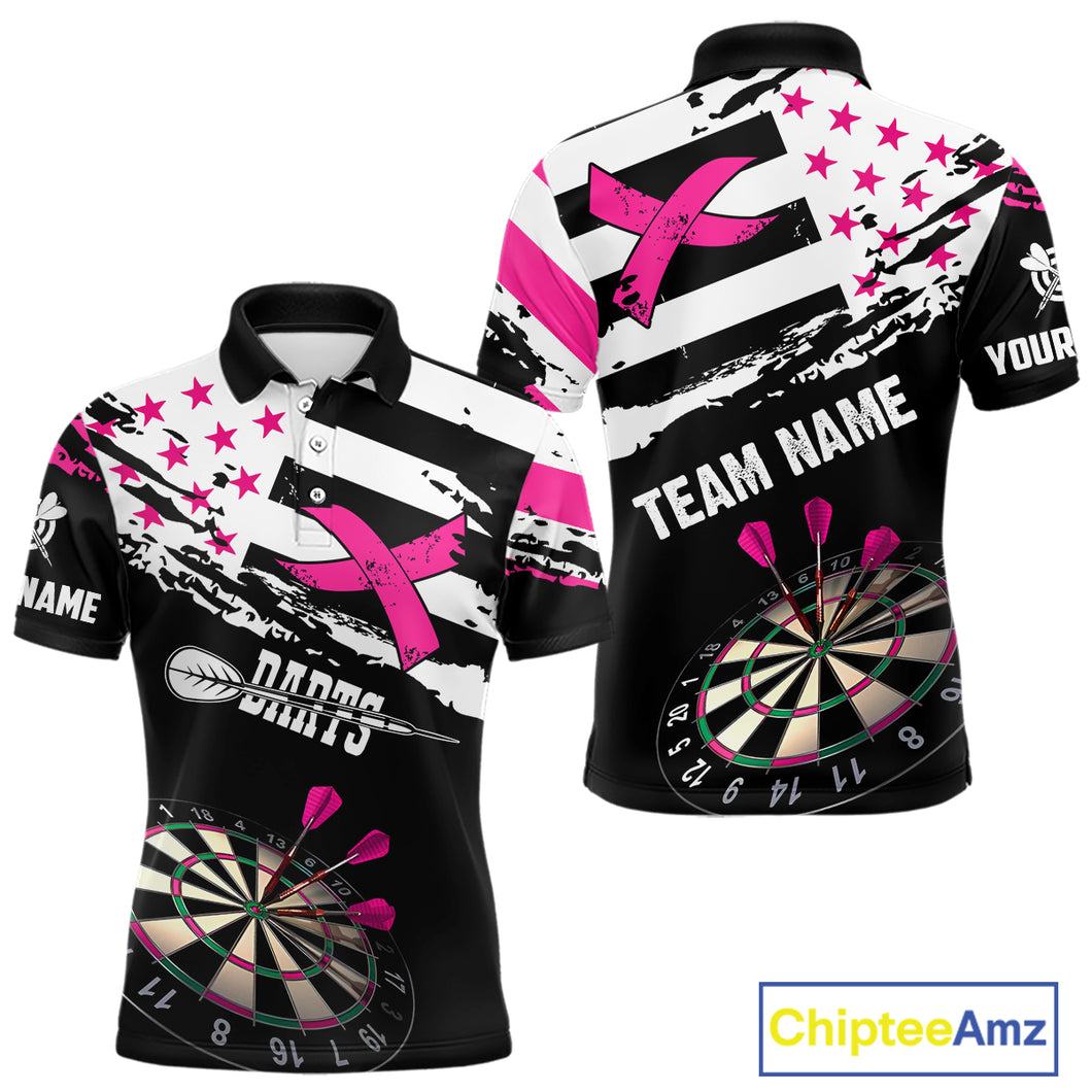 Personalized US Flag Pink Ribbon Darts Shirt For Men Custom Breast Cancer Awareness Darts Jersey TDM4493