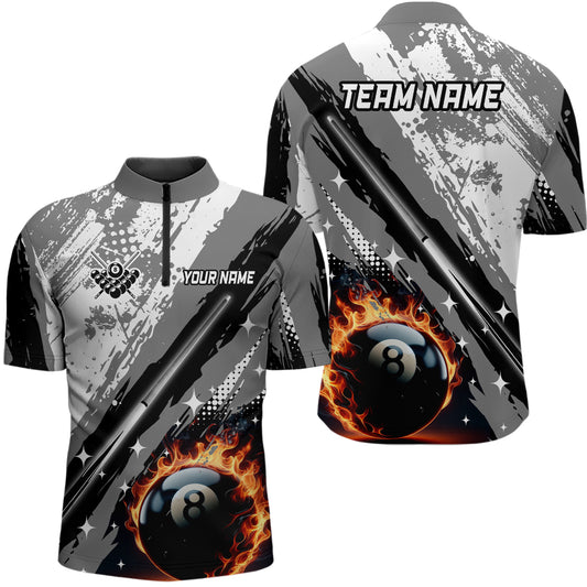 Personalized Billiard 8 Ball Pool Grunge Men Quarter-Zip Shirts, Billiard Jersey |Grey TDM1042