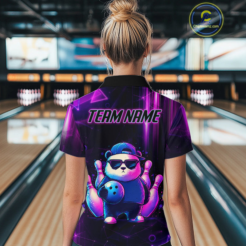 Woman wearing a neon panda bowling quarter zip jersey during bowling league play front view.