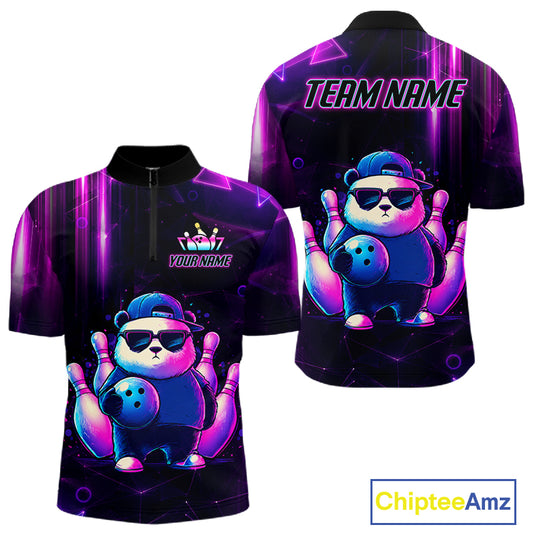 Colorful neon panda bowling quarter zip shirt for men designed for tournaments and league matches.