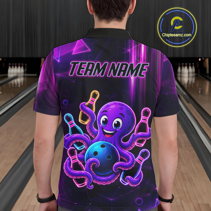 Back view of man wearing a neon octopus bowling polo shirt inside a bowling alley.