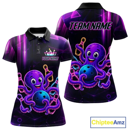 Colorful neon octopus bowling polo shirt for women with fun custom bowling team graphics.