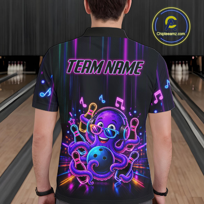 Back view of man wearing a neon octopus music bowling polo shirt inside a bowling alley.