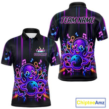 Load image into Gallery viewer, Neon octopus music bowling polo shirt for men with colorful custom bowling team graphics.