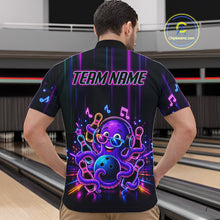 Load image into Gallery viewer, Back view of man wearing a neon octopus music bowling quarter zip shirt in a bowling alley.