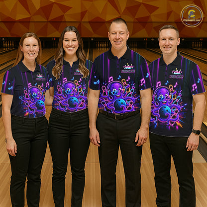 Bowling team wearing matching neon octopus music bowling jerseys during league matches front view.