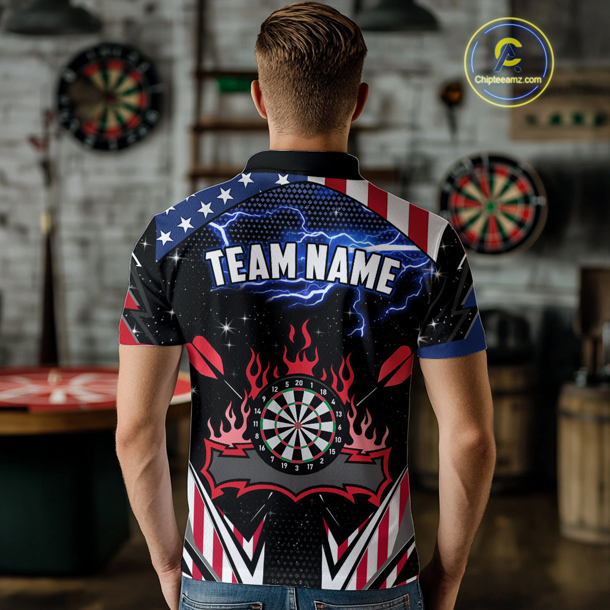 Personalized Thunder Lightning American Flag Darts Shirt For Men, Patriotic Darts League Jersey TDM4504