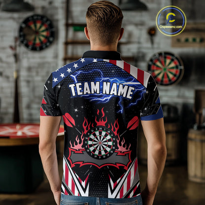 Personalized Thunder Lightning American Flag Darts Shirt For Men, Patriotic Darts League Jersey TDM4504