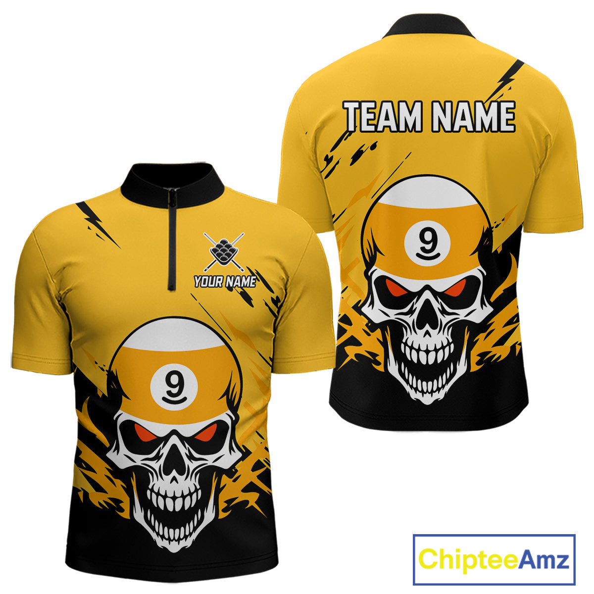 Personalized Yellow Black 9 Ball Skull Billiard Jersey For Men Custom Funny 9 Ball Pool Team Shirt TDM4732
