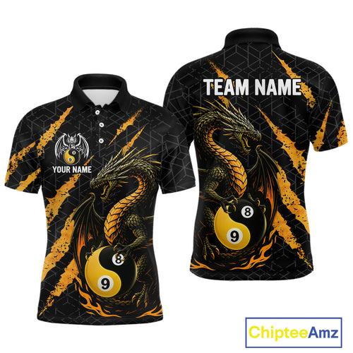 Custom Yellow Black Yin Yang 8 Ball & 9 Ball Dragon Billiard Shirts For Men |Pool Team Jerseys TDM3958